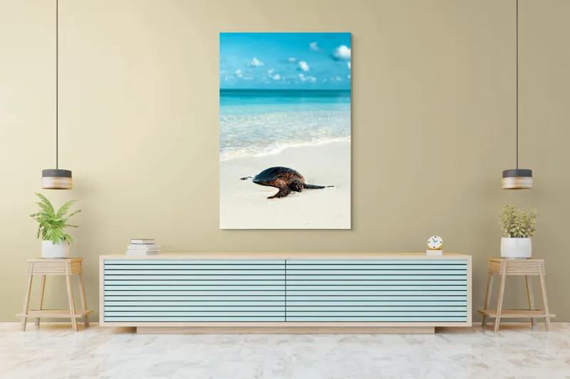 Tablou Canvas, "Țestoasa odihnindu-se pe nisip alb", Broască, Țestoasă, Plajă, Ocean, Nisip, Albastru, Cer, Valuri, Natură, Calm, 100 x 150 cm – poza 4