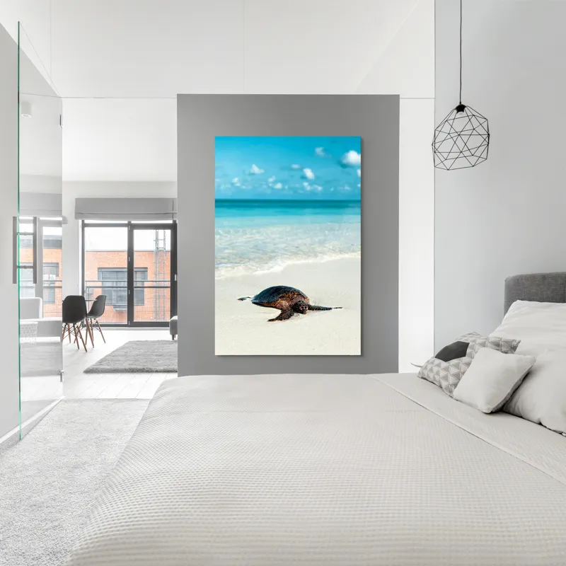 Tablou Canvas, "Țestoasa odihnindu-se pe nisip alb", Broască, Țestoasă, Plajă, Ocean, Nisip, Albastru, Cer, Valuri, Natură, Calm, 100 x 150 cm – poza 5
