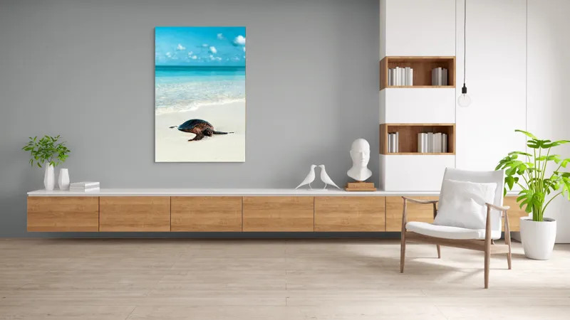 Tablou Canvas, "Țestoasa odihnindu-se pe nisip alb", Broască, Țestoasă, Plajă, Ocean, Nisip, Albastru, Cer, Valuri, Natură, Calm, 100 x 150 cm – poza 8