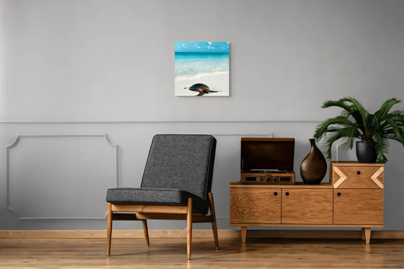 Tablou Canvas, "Țestoasa odihnindu-se pe nisip alb", Broască, Țestoasă, Plajă, Ocean, Nisip, Albastru, Cer, Valuri, Natură, Calm, 50 x 50 cm – poza 6