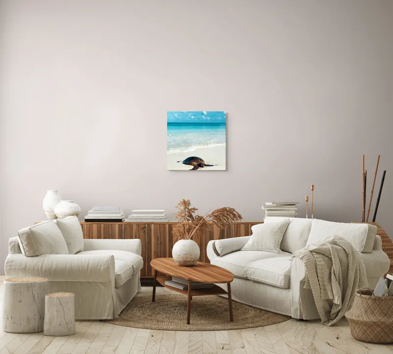 Tablou Canvas, "Țestoasa odihnindu-se pe nisip alb", Broască, Țestoasă, Plajă, Ocean, Nisip, Albastru, Cer, Valuri, Natură, Calm, 50 x 50 cm – poza 7