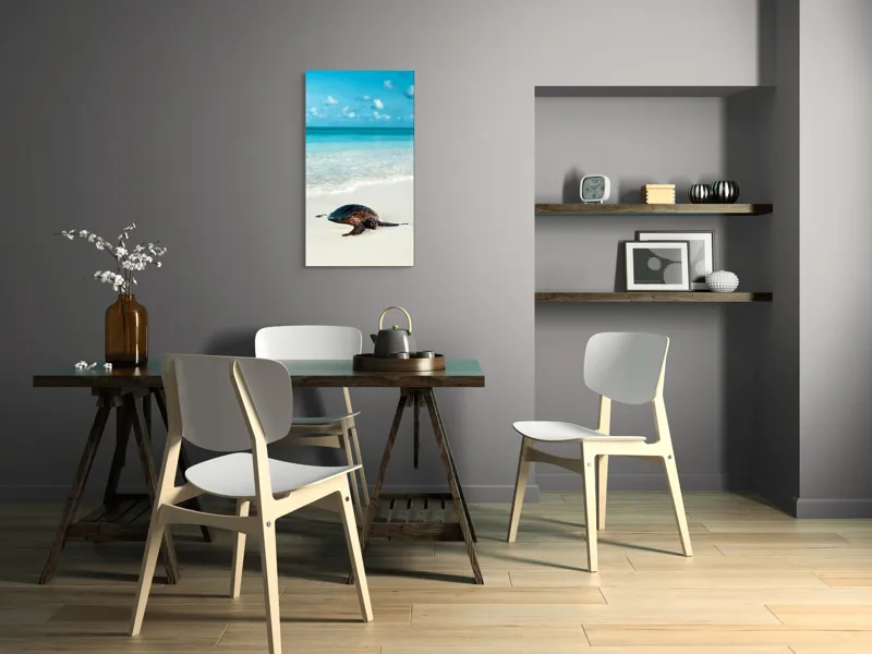 Tablou Canvas, "Țestoasa odihnindu-se pe nisip alb", Broască, Țestoasă, Plajă, Ocean, Nisip, Albastru, Cer, Valuri, Natură, Calm, 50 x 90 cm – poza 4