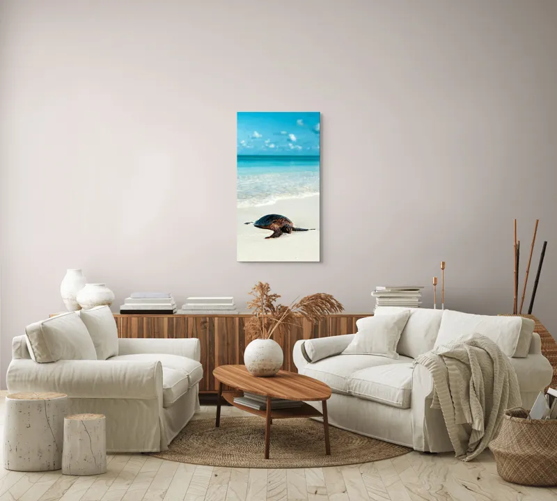 Tablou Canvas, "Țestoasa odihnindu-se pe nisip alb", Broască, Țestoasă, Plajă, Ocean, Nisip, Albastru, Cer, Valuri, Natură, Calm, 50 x 90 cm – poza 7