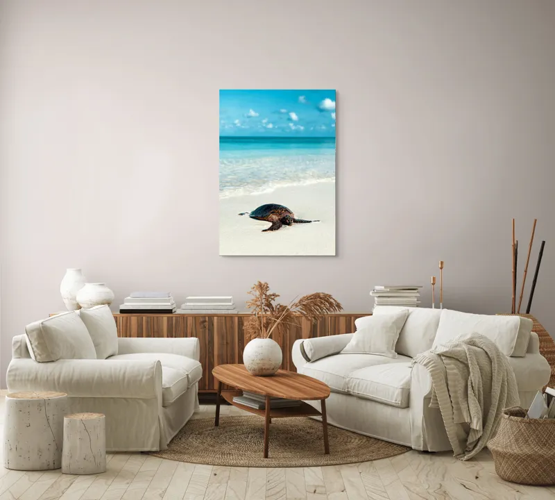 Tablou Canvas, "Țestoasa odihnindu-se pe nisip alb", Broască, Țestoasă, Plajă, Ocean, Nisip, Albastru, Cer, Valuri, Natură, Calm, 70 x 100 cm – poza 4
