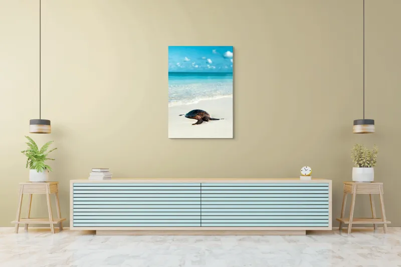 Tablou Canvas, "Țestoasa odihnindu-se pe nisip alb", Broască, Țestoasă, Plajă, Ocean, Nisip, Albastru, Cer, Valuri, Natură, Calm, 70 x 100 cm – poza 5