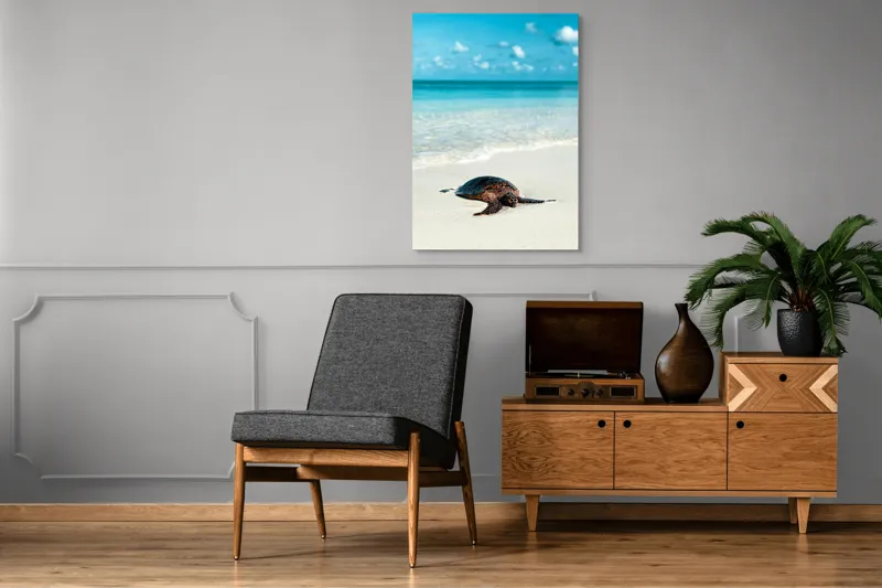 Tablou Canvas, "Țestoasa odihnindu-se pe nisip alb", Broască, Țestoasă, Plajă, Ocean, Nisip, Albastru, Cer, Valuri, Natură, Calm, 70 x 100 cm – poza 6