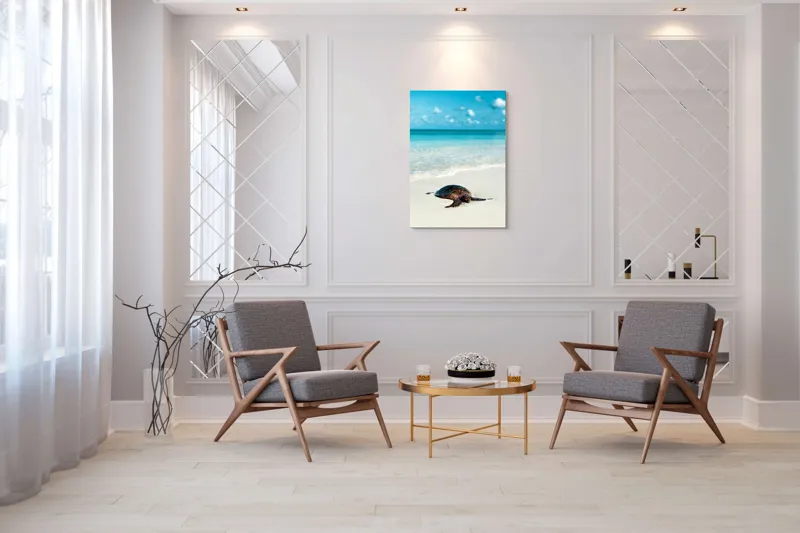 Tablou Canvas, "Țestoasa odihnindu-se pe nisip alb", Broască, Țestoasă, Plajă, Ocean, Nisip, Albastru, Cer, Valuri, Natură, Calm, 70 x 100 cm – poza 8