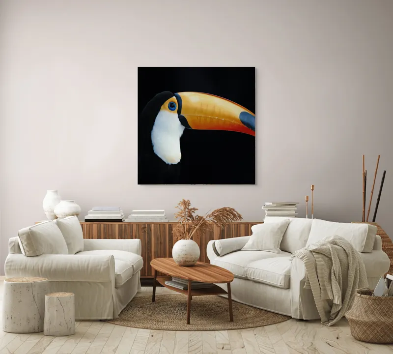 Tablou Canvas, "Tucanul în lumină nocturnă alexandrină", Pasăre, Cioc, Portocaliu, Exotism, Ochi, Negru, 100 x 100 cm – poza 3