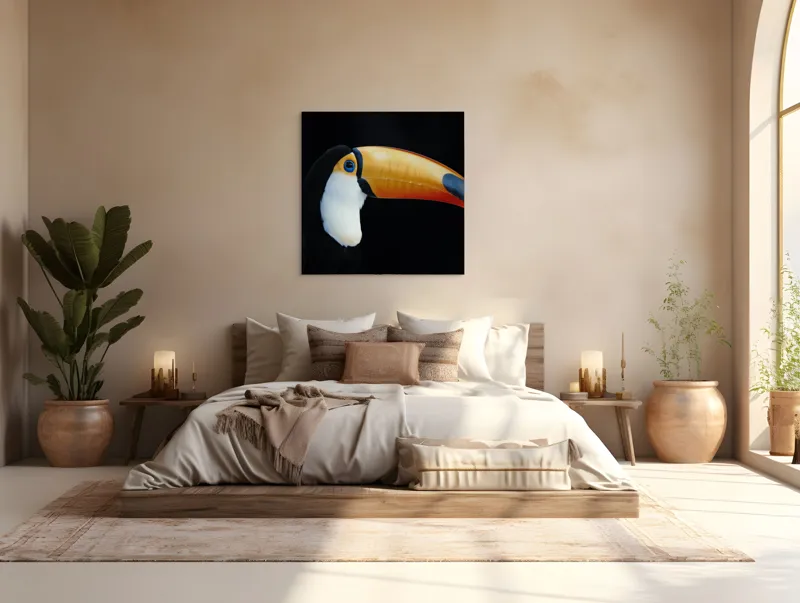 Tablou Canvas, "Tucanul în lumină nocturnă alexandrină", Pasăre, Cioc, Portocaliu, Exotism, Ochi, Negru, 100 x 100 cm – poza 4