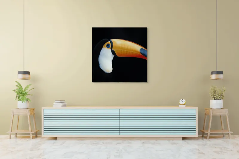 Tablou Canvas, "Tucanul în lumină nocturnă alexandrină", Pasăre, Cioc, Portocaliu, Exotism, Ochi, Negru, 100 x 100 cm – poza 5