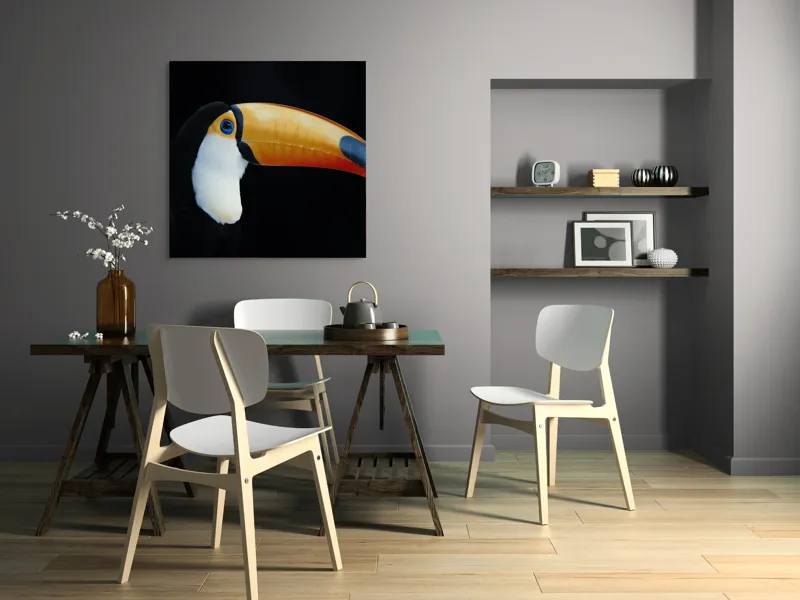 Tablou Canvas, "Tucanul în lumină nocturnă alexandrină", Pasăre, Cioc, Portocaliu, Exotism, Ochi, Negru, 100 x 100 cm – poza 6