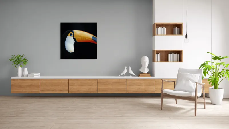 Tablou Canvas, "Tucanul în lumină nocturnă alexandrină", Pasăre, Cioc, Portocaliu, Exotism, Ochi, Negru, 100 x 100 cm – poza 8