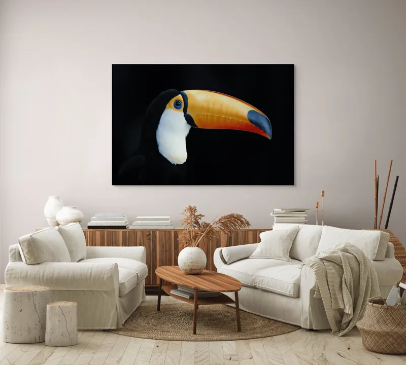 Tablou Canvas, "Tucanul în lumină nocturnă alexandrină", Pasăre, Cioc, Portocaliu, Exotism, Ochi, Negru, 150 x 100 cm – poza 3