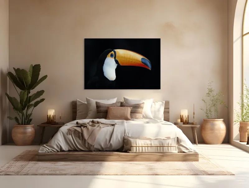 Tablou Canvas, "Tucanul în lumină nocturnă alexandrină", Pasăre, Cioc, Portocaliu, Exotism, Ochi, Negru, 150 x 100 cm – poza 4