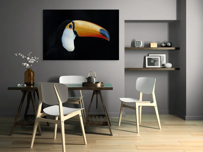 Tablou Canvas, "Tucanul în lumină nocturnă alexandrină", Pasăre, Cioc, Portocaliu, Exotism, Ochi, Negru, 150 x 100 cm – poza 5