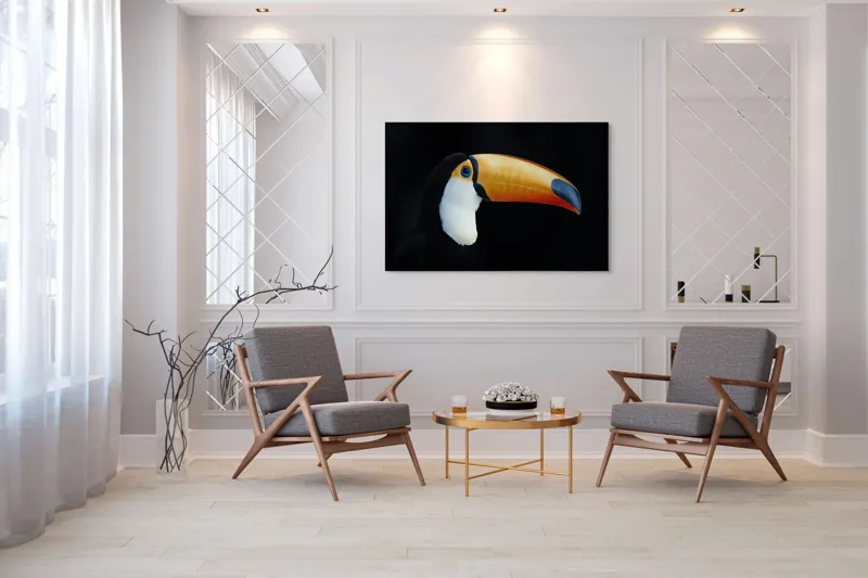 Tablou Canvas, "Tucanul în lumină nocturnă alexandrină", Pasăre, Cioc, Portocaliu, Exotism, Ochi, Negru, 150 x 100 cm – poza 7