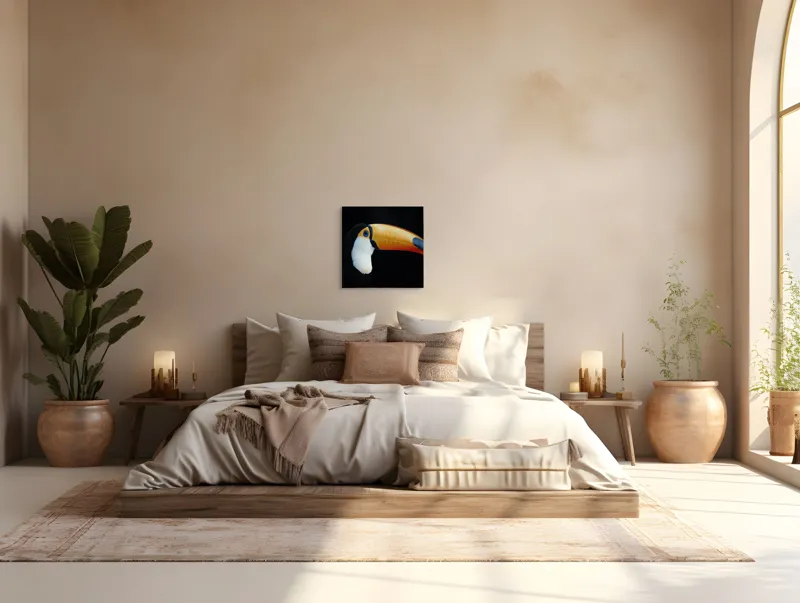 Tablou Canvas, "Tucanul în lumină nocturnă alexandrină", Pasăre, Cioc, Portocaliu, Exotism, Ochi, Negru, 50 x 50 cm – poza 5