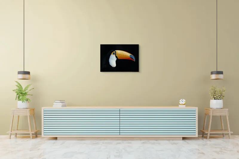 Tablou Canvas, "Tucanul în lumină nocturnă alexandrină", Pasăre, Cioc, Portocaliu, Exotism, Ochi, Negru, 70 x 50 cm – poza 7