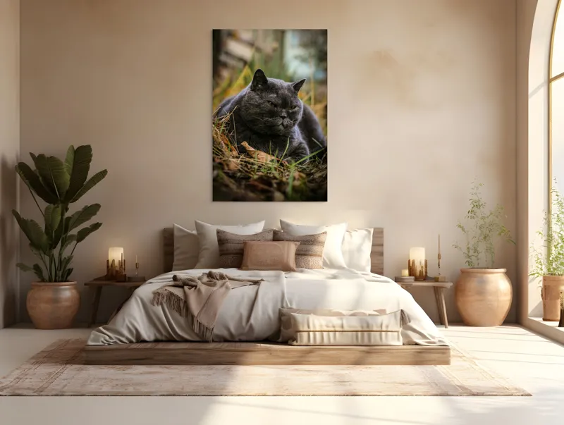 Tablou Canvas, "Pisica contemplativă în natura de toamnă", Nu știu cine este în imagine, dar pot spune că este un pisoi gri, cu o expresie calmă și fiind pe fundal de natură., 100 x 150 cm – poza 3