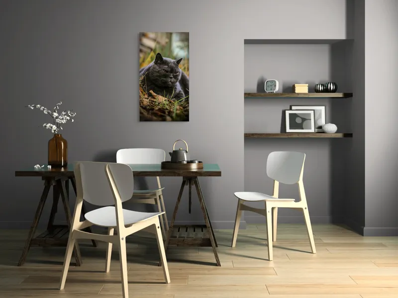 Tablou Canvas, "Pisica contemplativă în natura de toamnă", Nu știu cine este în imagine, dar pot spune că este un pisoi gri, cu o expresie calmă și fiind pe fundal de natură., 50 x 90 cm – poza 4