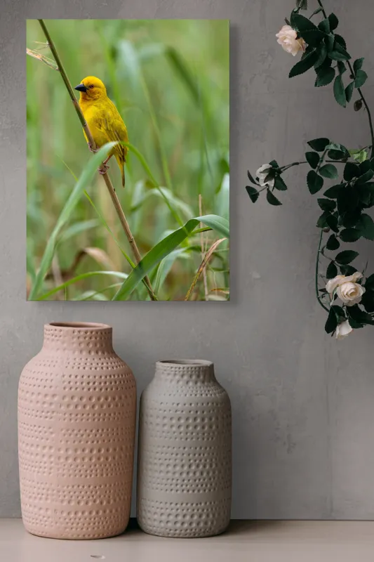 Tablou Canvas, "Pasărea aurie printre trestii verzi", Galben, Viu, Fragil, Curaj, Natură, Libertate, Delicat, Armonie, 39 x 54 cm – poza 6