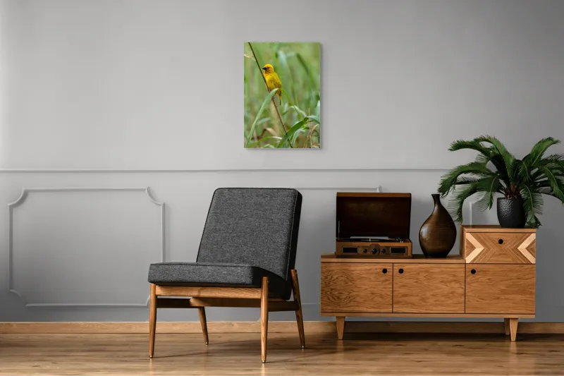 Tablou Canvas, "Pasărea aurie printre trestii verzi", Galben, Viu, Fragil, Curaj, Natură, Libertate, Delicat, Armonie, 50 x 70 cm – poza 8