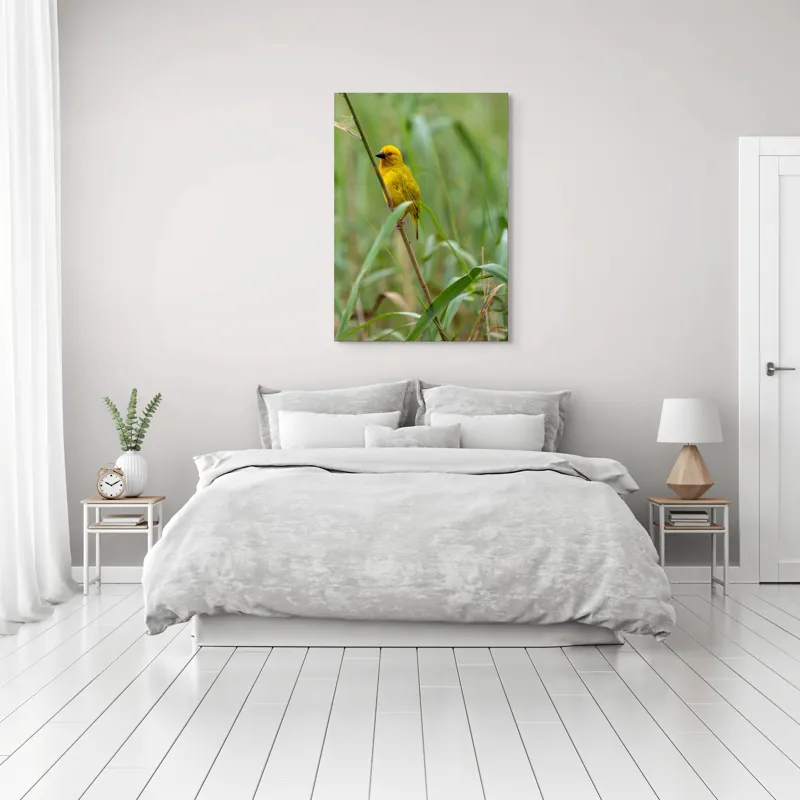 Tablou Canvas, "Pasărea aurie printre trestii verzi", Galben, Viu, Fragil, Curaj, Natură, Libertate, Delicat, Armonie, 70 x 100 cm – poza 3
