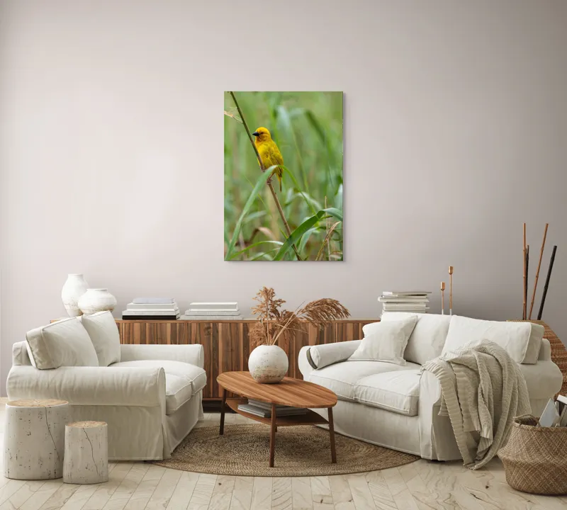 Tablou Canvas, "Pasărea aurie printre trestii verzi", Galben, Viu, Fragil, Curaj, Natură, Libertate, Delicat, Armonie, 70 x 100 cm – poza 4