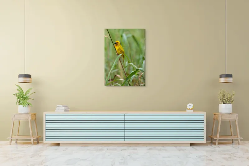 Tablou Canvas, "Pasărea aurie printre trestii verzi", Galben, Viu, Fragil, Curaj, Natură, Libertate, Delicat, Armonie, 70 x 100 cm – poza 5