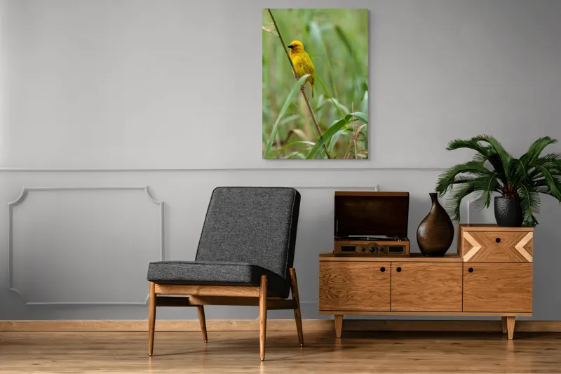 Tablou Canvas, "Pasărea aurie printre trestii verzi", Galben, Viu, Fragil, Curaj, Natură, Libertate, Delicat, Armonie, 70 x 100 cm – poza 6