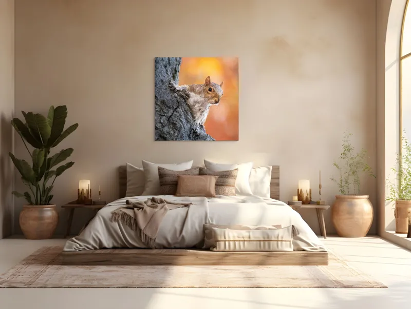 Tablou Canvas, "Veveriță în lumina toamnei aurii", Veveriță, Curioasă, Copac, Toamnă, Blană, Textură, Frunze, Fundal, Natură., 100 x 100 cm – poza 4