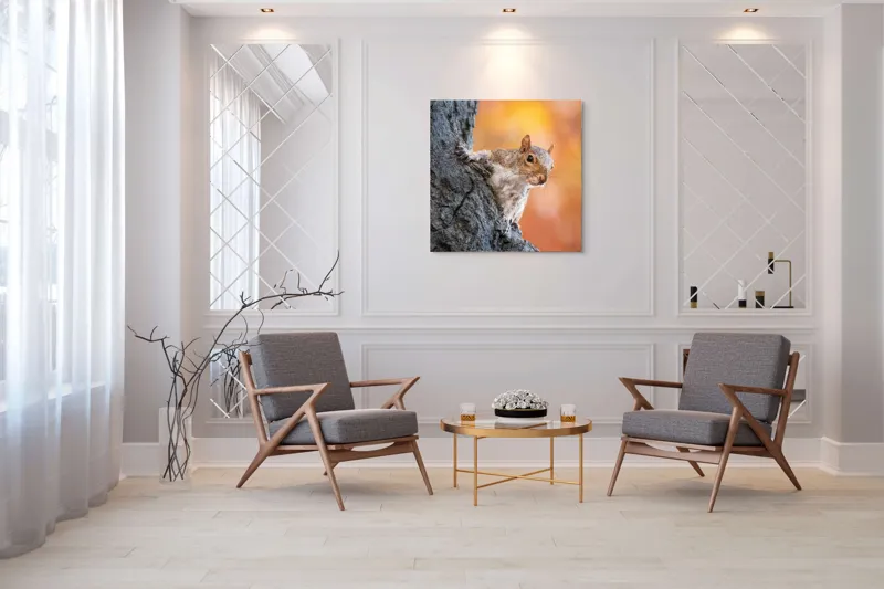 Tablou Canvas, "Veveriță în lumina toamnei aurii", Veveriță, Curioasă, Copac, Toamnă, Blană, Textură, Frunze, Fundal, Natură., 100 x 100 cm – poza 7