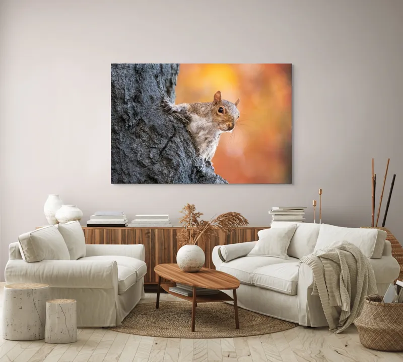 Tablou Canvas, "Veveriță în lumina toamnei aurii", Veveriță, Curioasă, Copac, Toamnă, Blană, Textură, Frunze, Fundal, Natură., 150 x 100 cm – poza 3