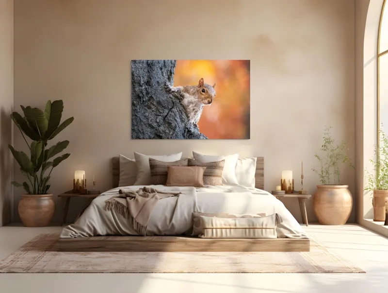 Tablou Canvas, "Veveriță în lumina toamnei aurii", Veveriță, Curioasă, Copac, Toamnă, Blană, Textură, Frunze, Fundal, Natură., 150 x 100 cm – poza 4