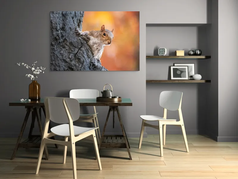 Tablou Canvas, "Veveriță în lumina toamnei aurii", Veveriță, Curioasă, Copac, Toamnă, Blană, Textură, Frunze, Fundal, Natură., 150 x 100 cm – poza 5