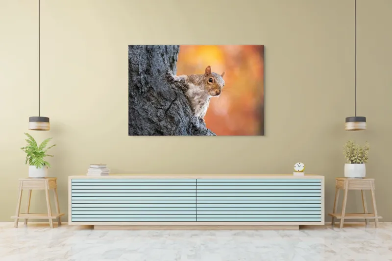 Tablou Canvas, "Veveriță în lumina toamnei aurii", Veveriță, Curioasă, Copac, Toamnă, Blană, Textură, Frunze, Fundal, Natură., 150 x 100 cm – poza 6