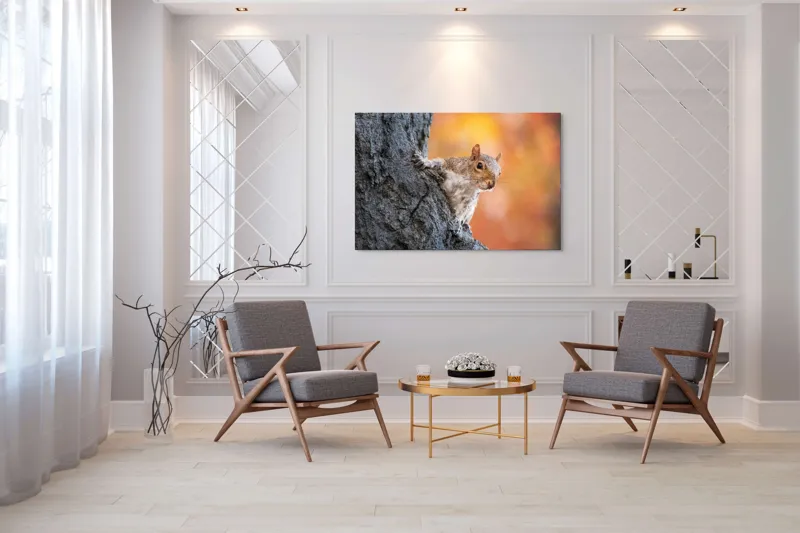 Tablou Canvas, "Veveriță în lumina toamnei aurii", Veveriță, Curioasă, Copac, Toamnă, Blană, Textură, Frunze, Fundal, Natură., 150 x 100 cm – poza 7