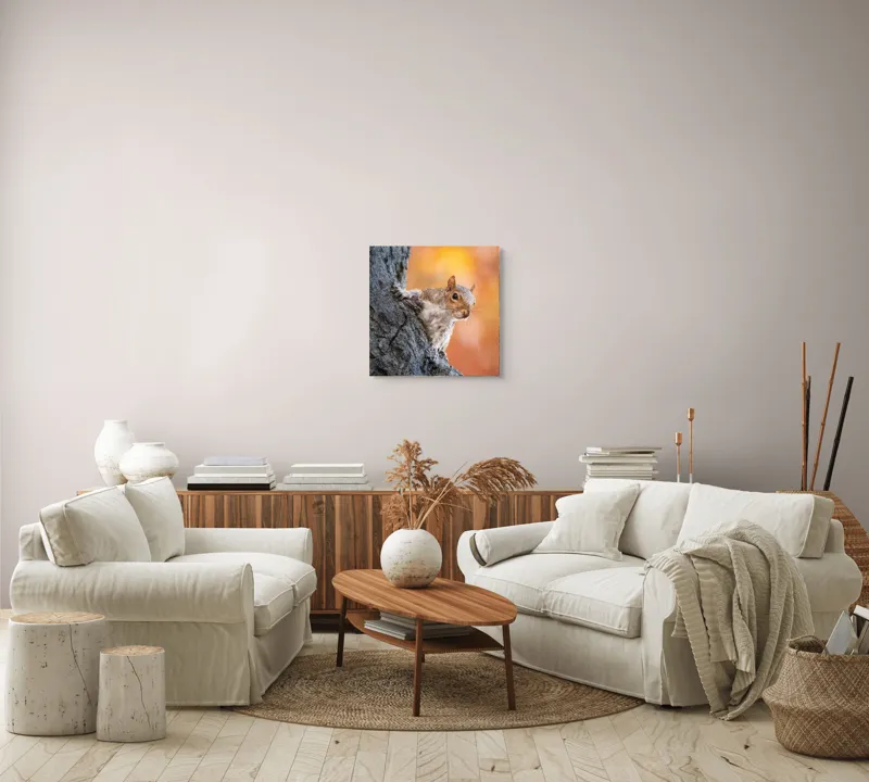 Tablou Canvas, "Veveriță în lumina toamnei aurii", Veveriță, Curioasă, Copac, Toamnă, Blană, Textură, Frunze, Fundal, Natură., 50 x 50 cm – poza 7