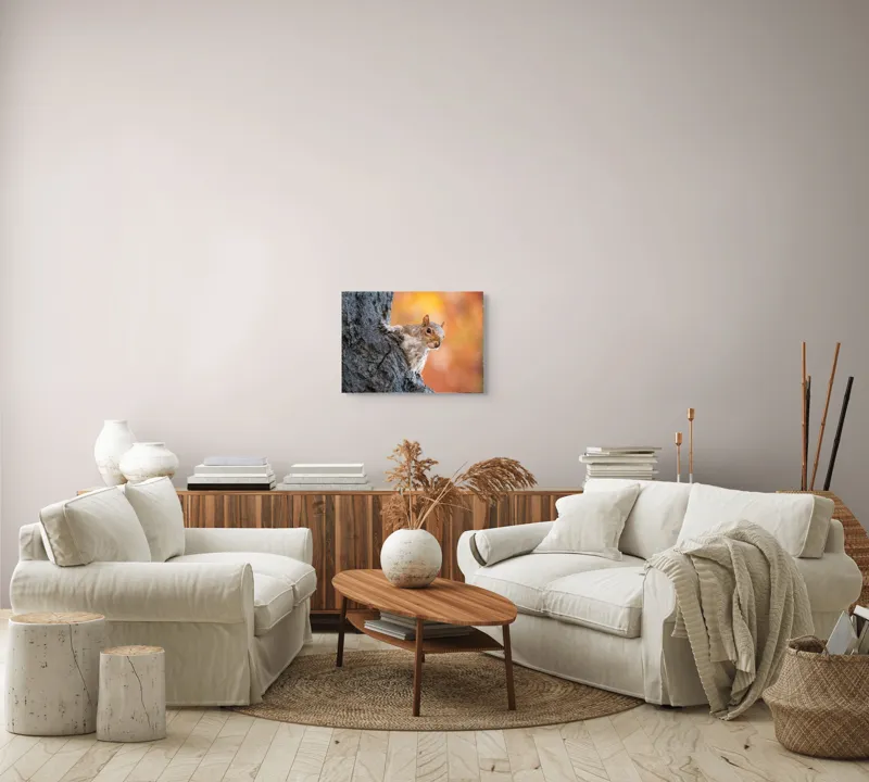 Tablou Canvas, "Veveriță în lumina toamnei aurii", Veveriță, Curioasă, Copac, Toamnă, Blană, Textură, Frunze, Fundal, Natură., 54 x 39 cm – poza 5