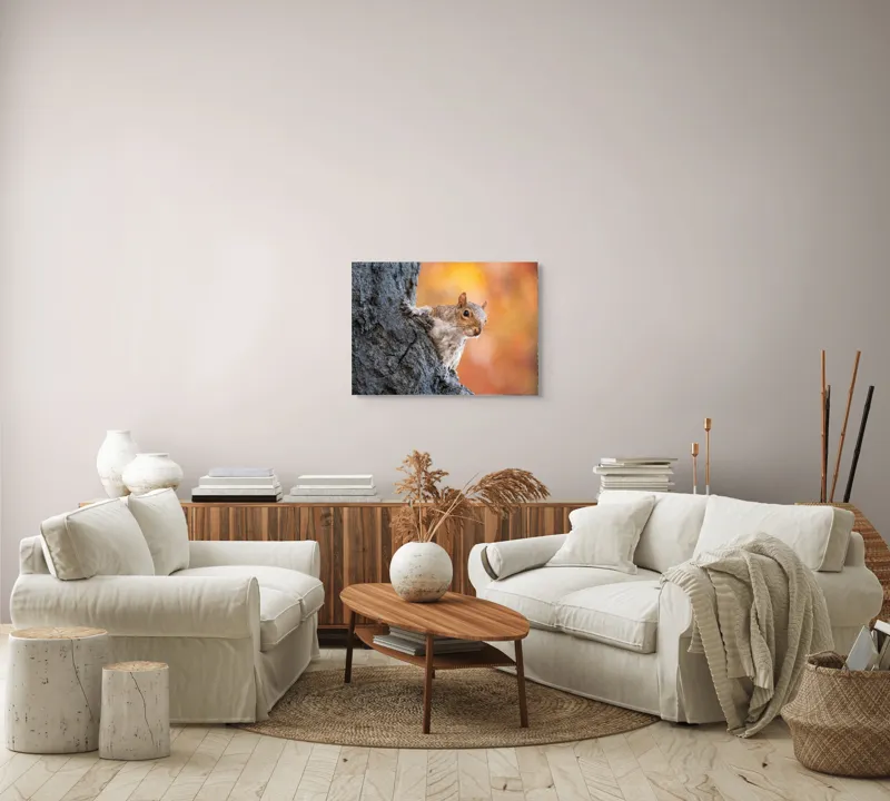 Tablou Canvas, "Veveriță în lumina toamnei aurii", Veveriță, Curioasă, Copac, Toamnă, Blană, Textură, Frunze, Fundal, Natură., 70 x 50 cm – poza 6