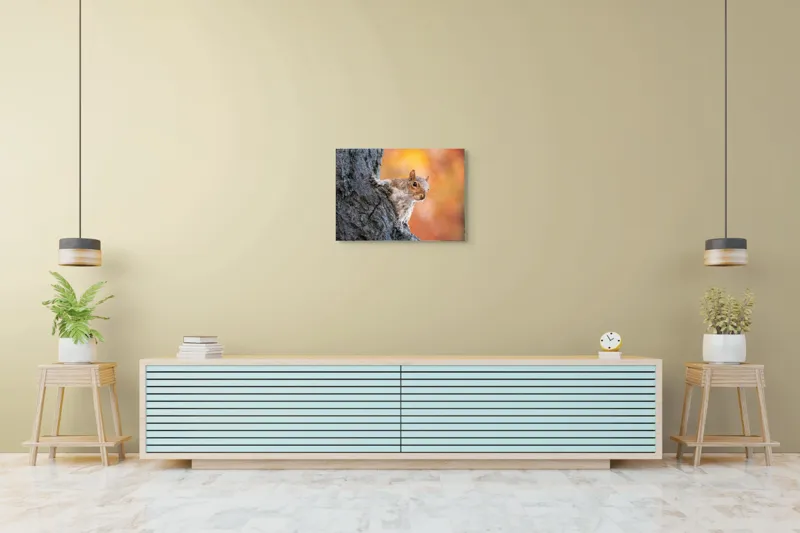 Tablou Canvas, "Veveriță în lumina toamnei aurii", Veveriță, Curioasă, Copac, Toamnă, Blană, Textură, Frunze, Fundal, Natură., 70 x 50 cm – poza 7