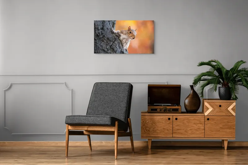 Tablou Canvas, "Veveriță în lumina toamnei aurii", Veveriță, Curioasă, Copac, Toamnă, Blană, Textură, Frunze, Fundal, Natură., 90 x 50 cm – poza 6