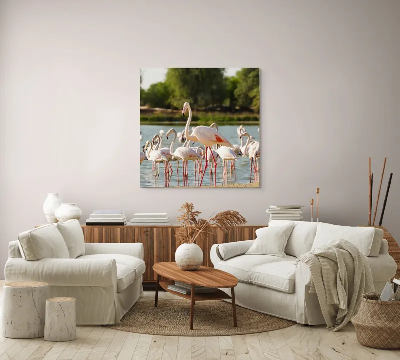 Tablou Canvas, "Grația flamingo la apus de soare", Flamingo, Lac, Nisip, Verdeturi, Cer, Pene, Picioare, Grup, Apa, Peisaj, 100 x 100 cm – poza 3
