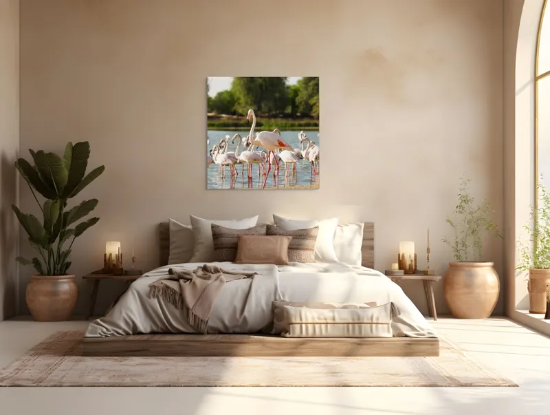 Tablou Canvas, "Grația flamingo la apus de soare", Flamingo, Lac, Nisip, Verdeturi, Cer, Pene, Picioare, Grup, Apa, Peisaj, 100 x 100 cm – poza 4