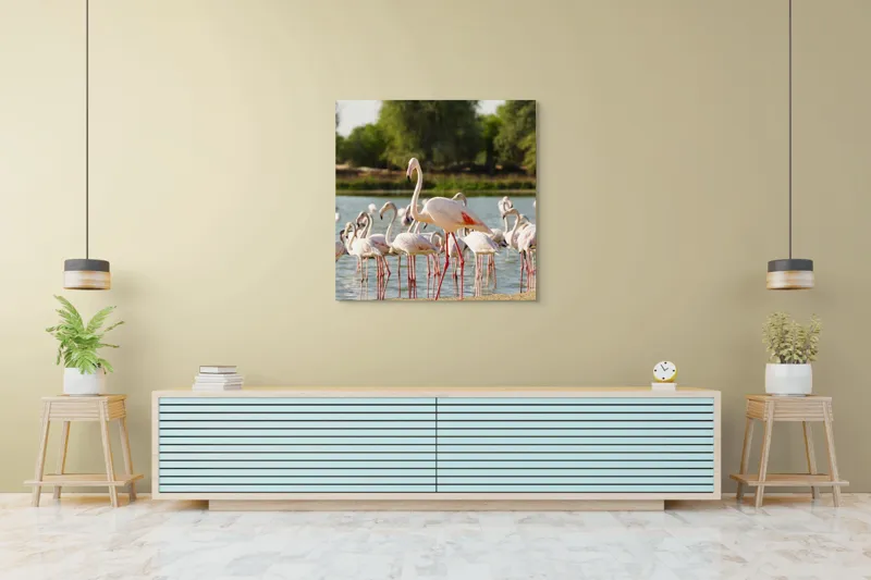 Tablou Canvas, "Grația flamingo la apus de soare", Flamingo, Lac, Nisip, Verdeturi, Cer, Pene, Picioare, Grup, Apa, Peisaj, 100 x 100 cm – poza 5