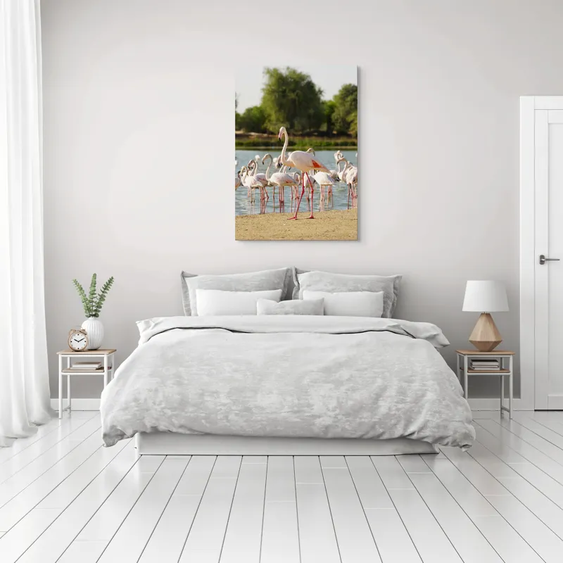 Tablou Canvas, "Grația flamingo la apus de soare", Flamingo, Lac, Nisip, Verdeturi, Cer, Pene, Picioare, Grup, Apa, Peisaj, 70 x 100 cm – poza 3