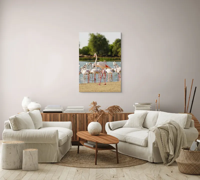 Tablou Canvas, "Grația flamingo la apus de soare", Flamingo, Lac, Nisip, Verdeturi, Cer, Pene, Picioare, Grup, Apa, Peisaj, 70 x 100 cm – poza 4