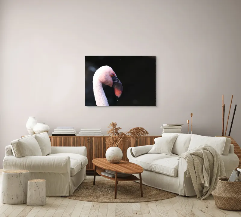 Tablou Canvas, "Flamingo în lumina dimineții", Flamingo, Roz, Penaj, Elegant, Grațios, Profil, Delicat, 100 x 70 cm – poza 3
