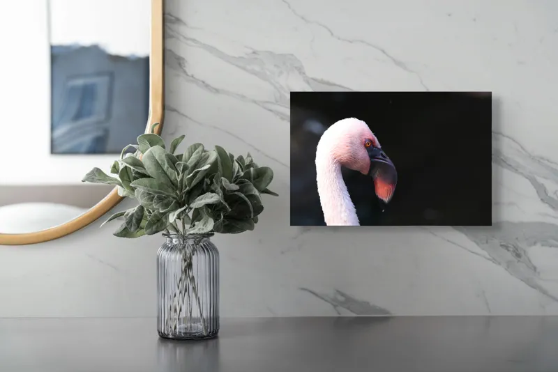 Tablou Canvas, "Flamingo în lumina dimineții", Flamingo, Roz, Penaj, Elegant, Grațios, Profil, Delicat, 39 x 26 cm – poza 5