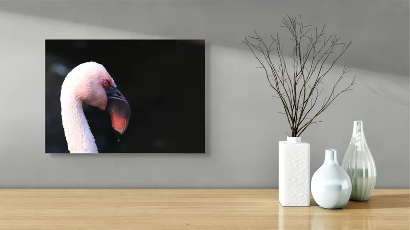 Tablou Canvas, "Flamingo în lumina dimineții", Flamingo, Roz, Penaj, Elegant, Grațios, Profil, Delicat, 54 x 39 cm – poza 3